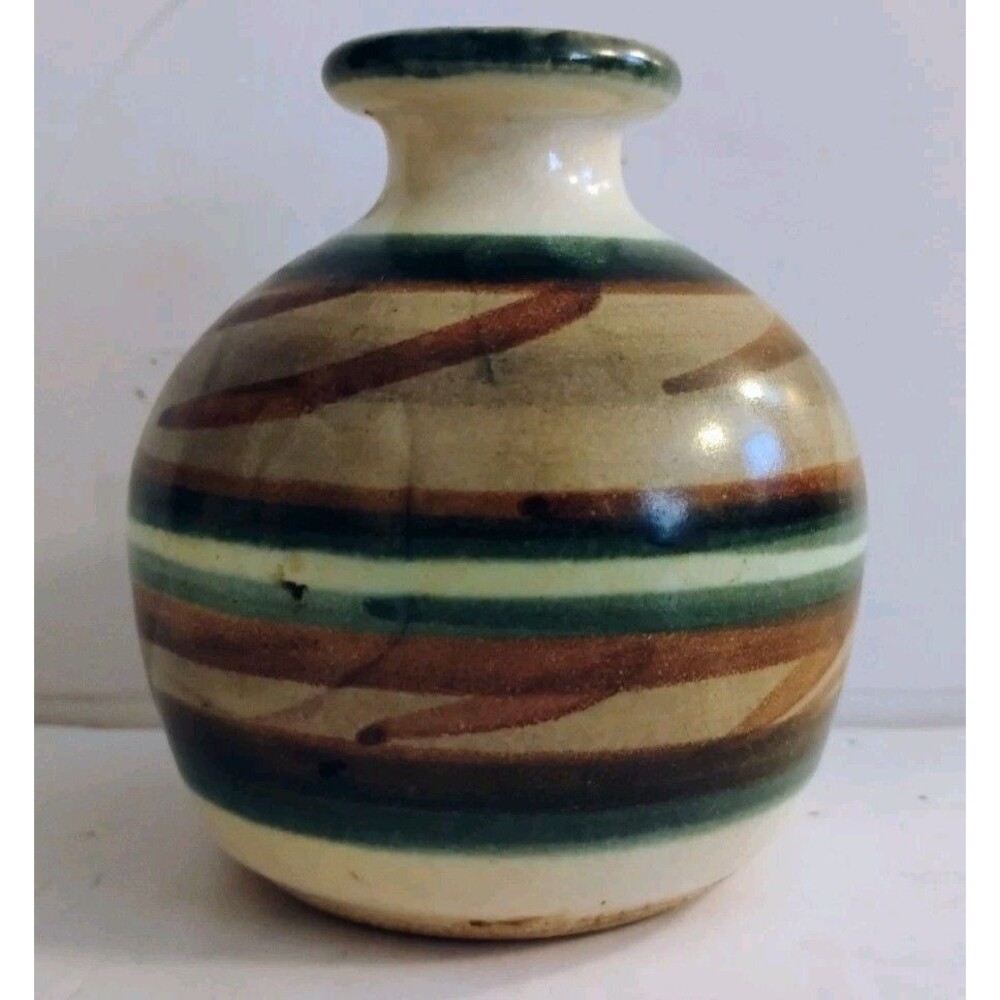 Vintage Studio Art Pottery Mini Bud Vase 3" Round Green Brown Striped Unsigned